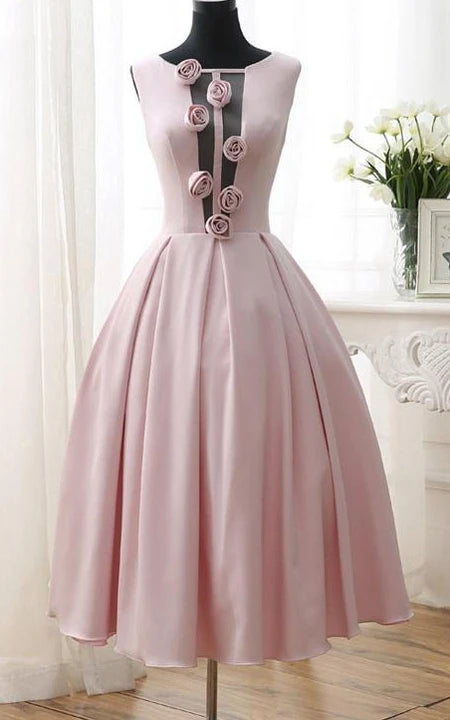 Elegant Round Neck Formal A-Line Flowers Tea-Length Open Back Sleeveless Prom Dress/Dress For Formal